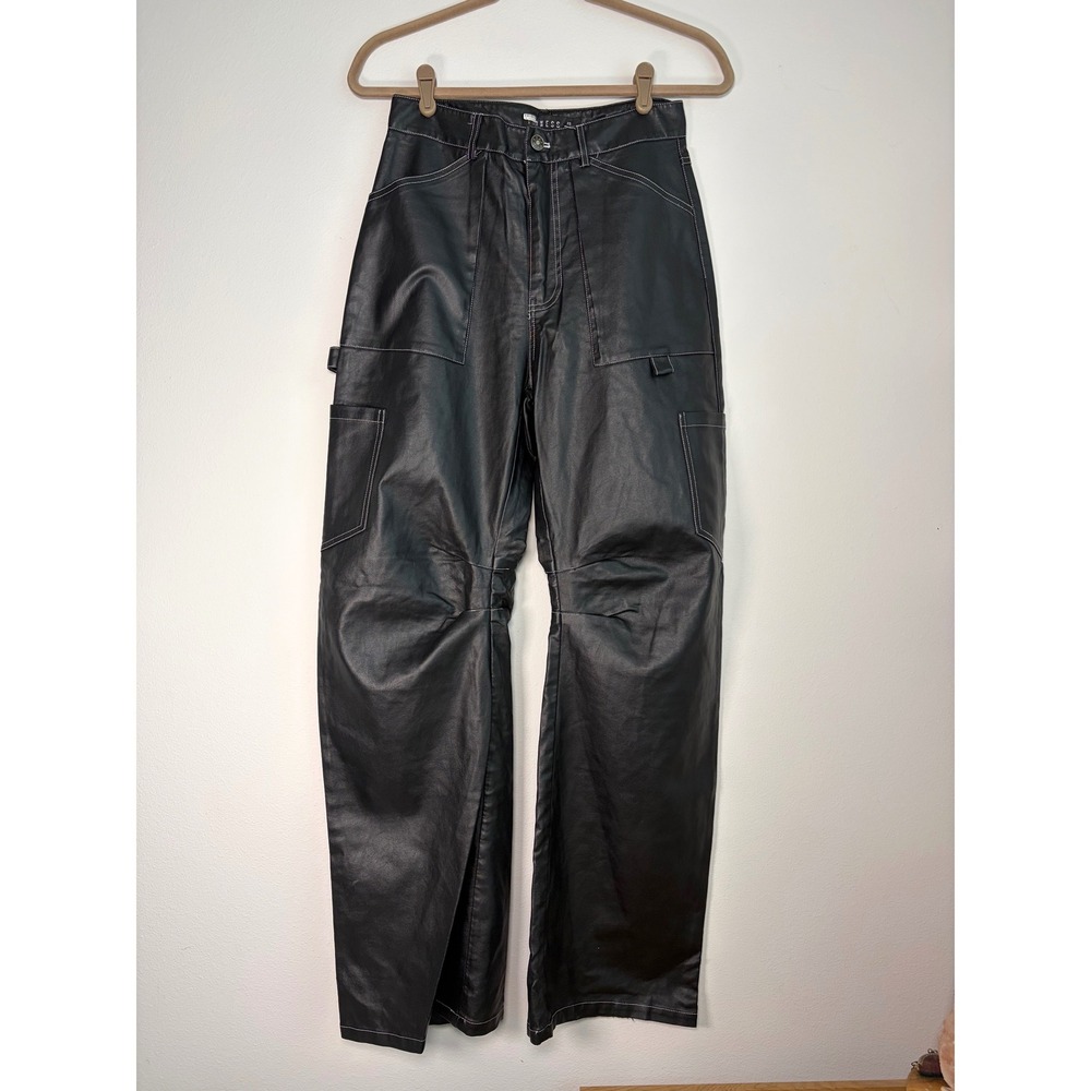 Lioness Black Faux Leather Cargo Pants Contrast Stitch Barrel Wide Leg XS